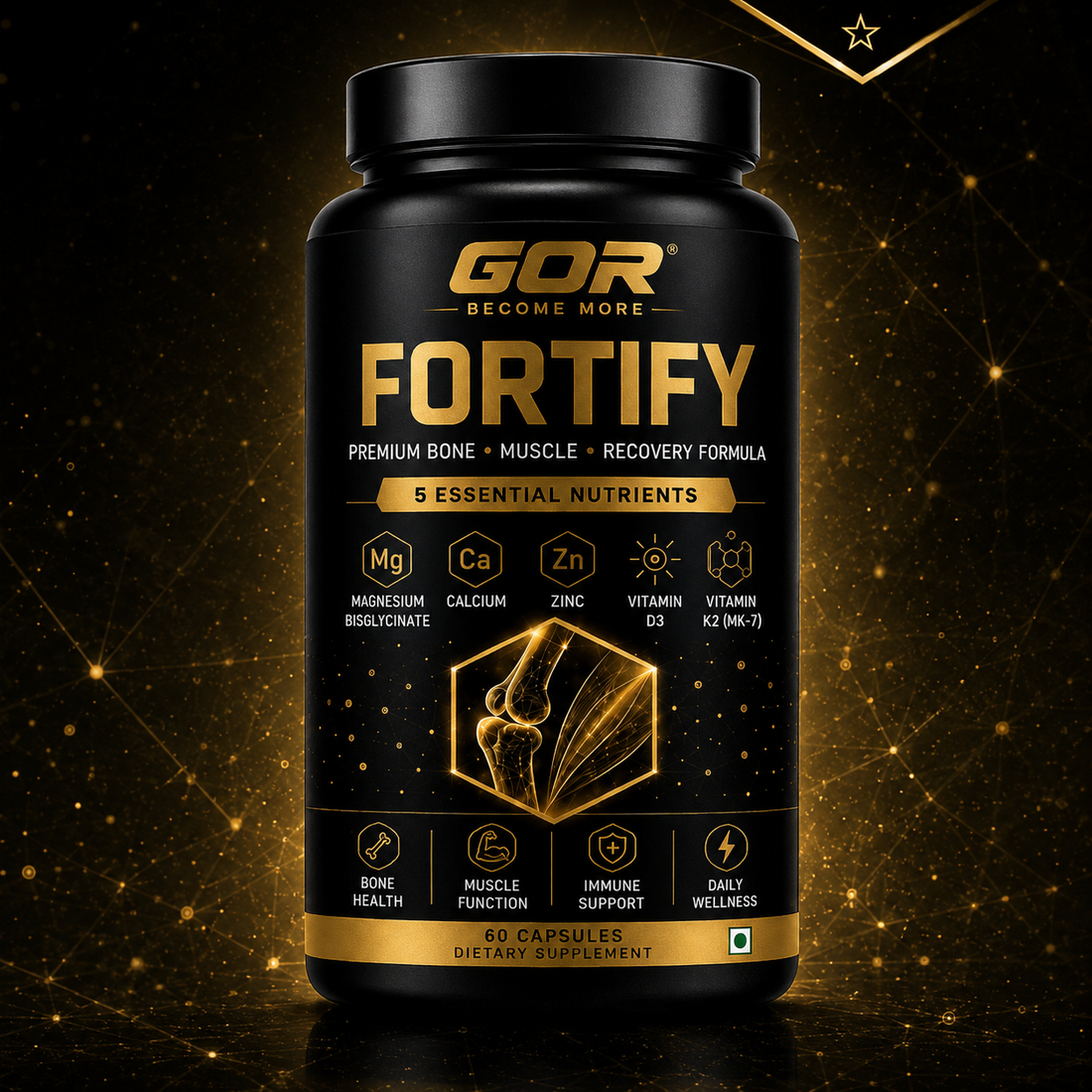 GOR Fortify – Premium Bone & Muscle Support Formula | Magnesium, Calcium, Zinc, Vitamin D3 & K2 | 60 Capsules